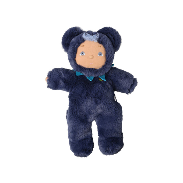 A plush teddy bear doll wearing a dark navy blue hooded outfit with a small light blue bow and matching bow tie, set against a plain white background.
