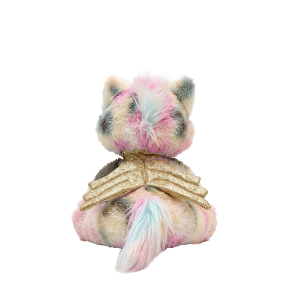 Plush toy resembling a cat with pastel fur and gold accents on a white background