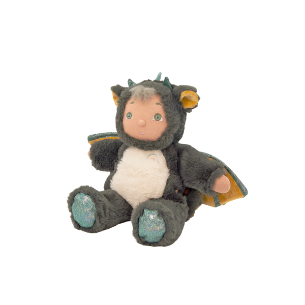 Plush toy dragon with a white belly on a transparent background