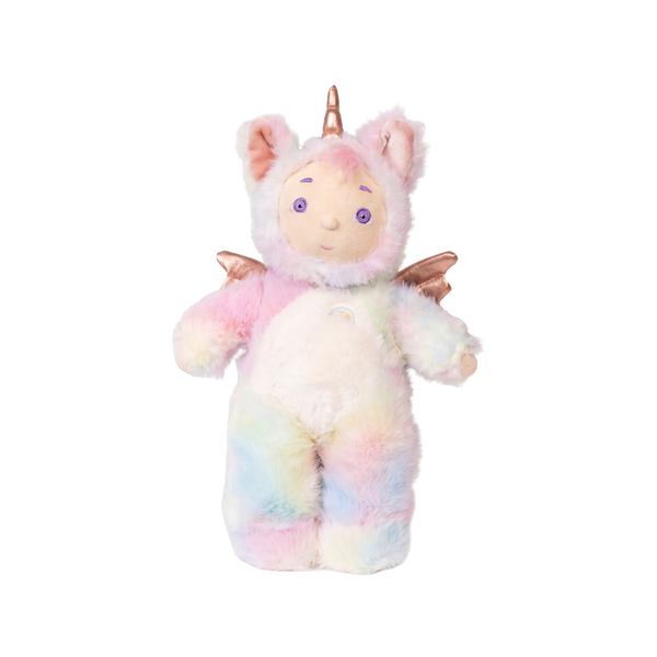 Plush toy unicorn with rainbow fur on a white background