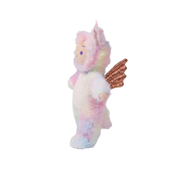 Plush toy resembling a dragon with fairy wings on a white background