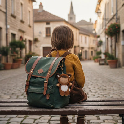 Cozy Bag Charm - Fox Finnley fox plush bag charm clipped to a green backpack worn by a child seated on a bench in a cobbled street