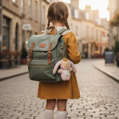 Cozy Bag Charm - Bunny Flopsy soft pink bunny plush bag charm with long floppy ears clipped to a child backpack for imaginative play