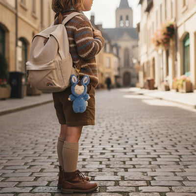 Cozy Bag Charm - Bunny Twiggy blue plush bunny clipped to a child's backpack while exploring a cobblestone street Key Chain