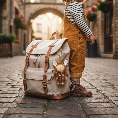 Cozy Bag Charm - Fawny Lala fawn plush key chain clipped to a canvas backpack beside a child on a festive cobbled street