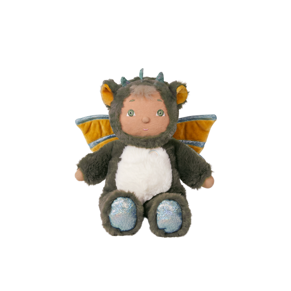 Plush toy dragon with orange wings on a white background