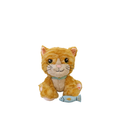 Dinkum Cat Binx - Ginger by Dinkum Cats is a soft ginger tabby toy cat with brushable fur sitting beside a blue fish toy and sweet friendly face