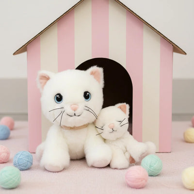 Dinkum Cat Lux - White soft plush cat toy with a smaller kitten friend in a pink striped playhouse surrounded by colourful yarn balls