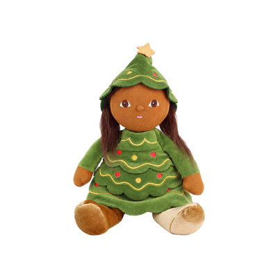 Plush doll with long dark brown hair and embroidered brown eyes, dressed as a Christmas tree in a green tiered, scalloped dress with gold wavy stitching and red and yellow bauble dots, a matching hood topped with a gold star, and gold velvet boots.