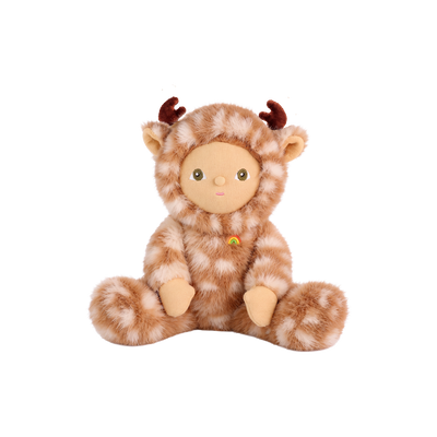 Plush doll in a fluffy fawn-print deer suit with cream spots, small brown velvet antlers and soft ears, a smooth fabric face with embroidered green eyes, and a tiny rainbow patch on the chest.