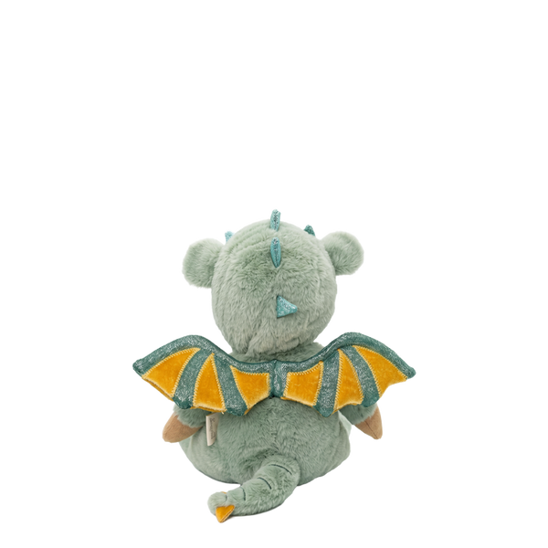 Plush toy dragon with green body and orange wings on a white background