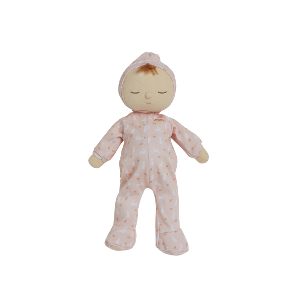 Pink, bunny printed plush doll, perfectly weighted and posable for imaginative doll play. Sodt and cuddly plush doll, an ideal companion from birth.