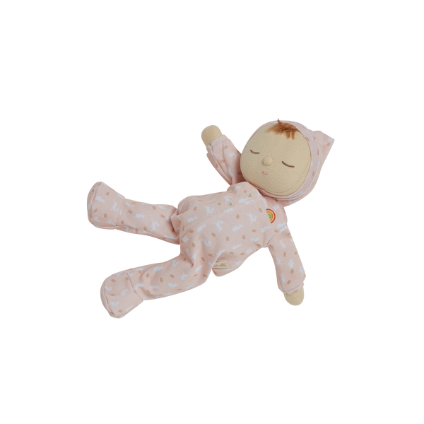 Pink, bunny printed plush doll, perfectly weighted and posable for imaginative doll play. Sodt and cuddly plush doll, an ideal companion from birth.