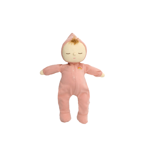 Dozy Dinkums - Moppet soft baby doll in a pink one piece outfit with a sleepy embroidered face and tiny rainbow detail designed for cuddles and imaginative play