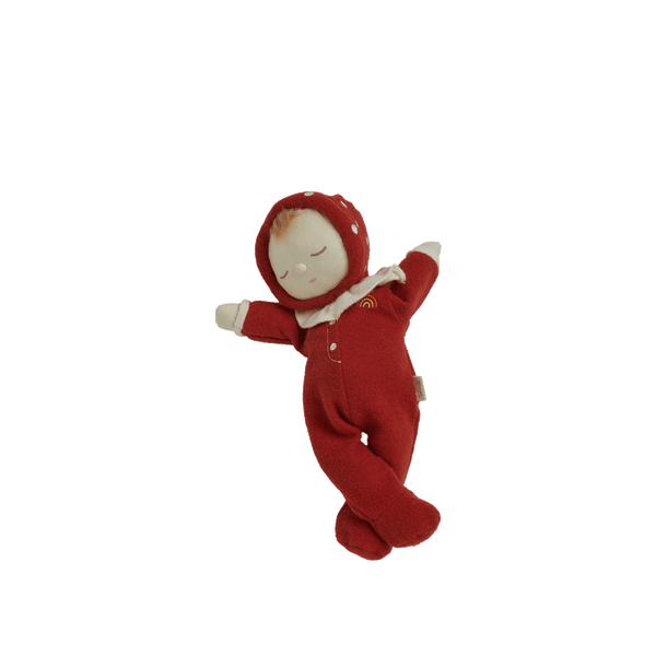 Dozy Dinkums - Toadstool Moppet soft doll in a rosy red mushroom hooded suit with embroidered spots and frilly collar for imaginative baby doll play