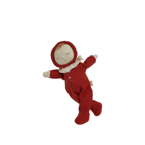 Dozy Dinkums - Toadstool Moppet soft doll in a rosy red mushroom hooded outfit with embroidered spots and frilly collar for imaginative play
