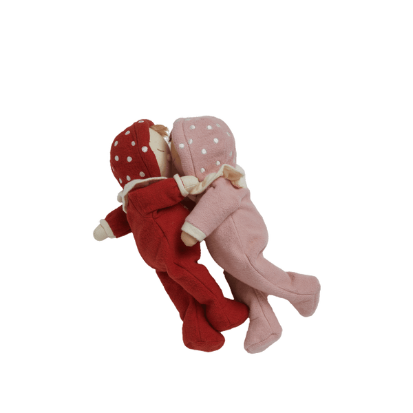 Dozy Dinkums - Toadstool Moppet red soft doll with embroidered spotted mushroom hood and frilly collar shown beside a pink mushroom doll