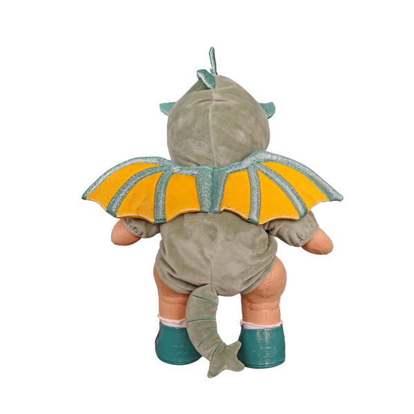 Baby dinosaur costume with yellow wings on a white background
