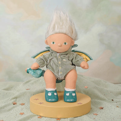 Dragon Outfit Set on a Dinkum Dolls doll wearing a soft grey dragon costume with velvety wings and teal shoes on a playful display stand