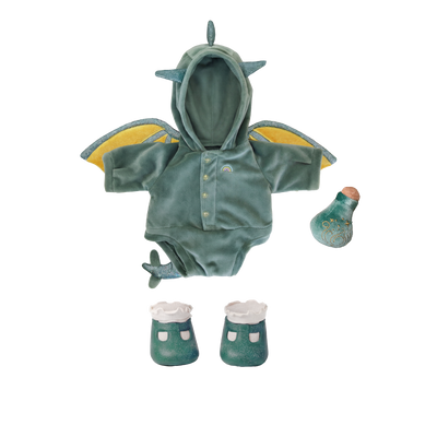 Dragon Outfit Set by Doll Accessories for Dinkum Dolls featuring a soft green dragon hooded outfit with wings matching booties and a toy bottle