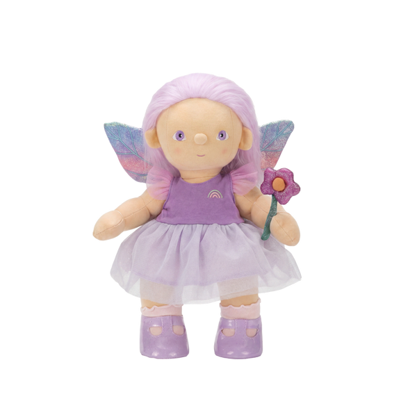 Fairy Evie soft doll by Dinkum Dolls with pink hair fairy wings purple dress flower wand and lavender boots for imaginative play