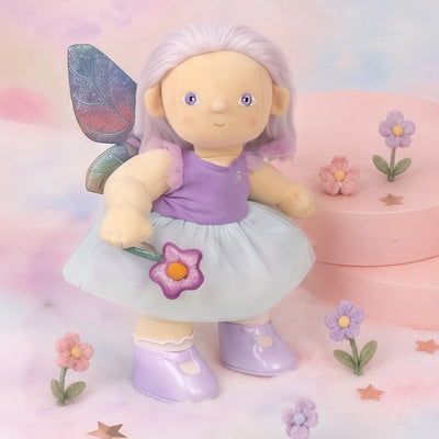 Fairy Outfit Set featuring a soft Dinkum Dolls doll in a purple top and skirt with fairy wings and boots from Doll Accessories for imaginative play