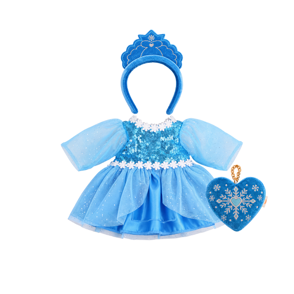 Blue doll dress-up set: a sequinned blue dress with sheer sparkly sleeves, white daisy trim and a layered tulle and satin skirt, a blue velvet tiara headband with embroidered snowflake detail, and a heart-shaped velvet bag embroidered with a silver snowflake on a gold chain.