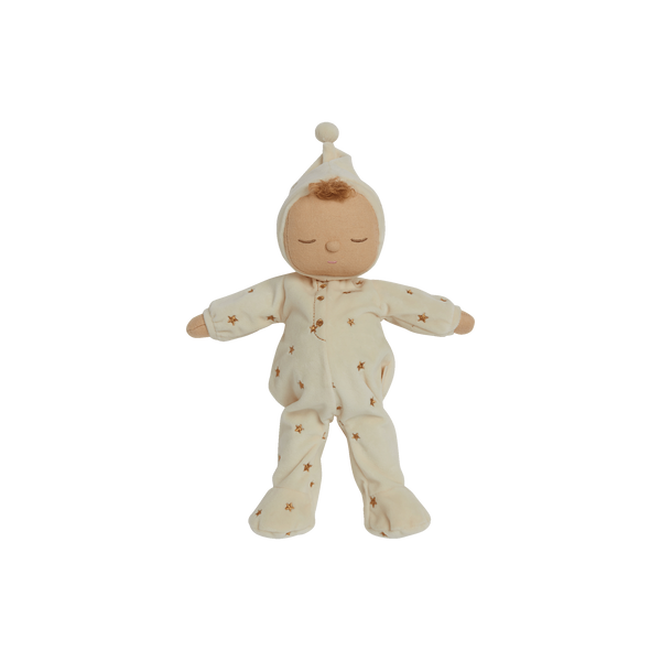 Lullaby Dozy Dinkum - Lyra soft doll in a cream star print romper and bonnet with a pompom designed for gentle imaginative play