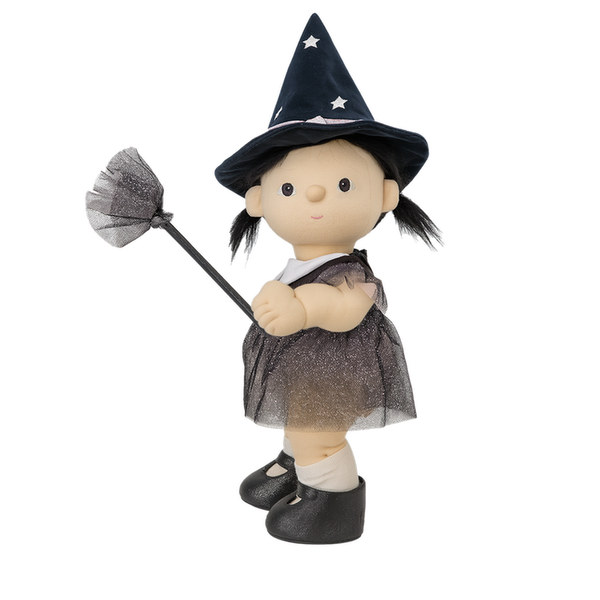 Dream Dinkum - Wendy Witch Black soft doll by Dinkum Dolls wearing a black witch hat and dress and holding a broom