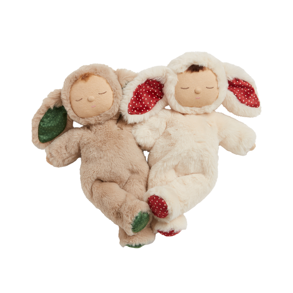 Olli Ella Christmas themed Cozy Dinkum Bunnys together red and green themed features