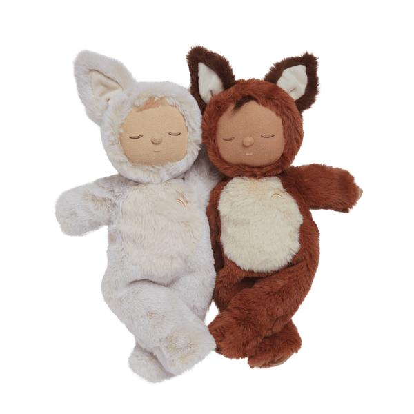 Cozy Dinkums - Fox - Finnley by Dozy Dinkums with a soft rust coloured fox plush doll beside a cream lamb soft doll for imaginative play