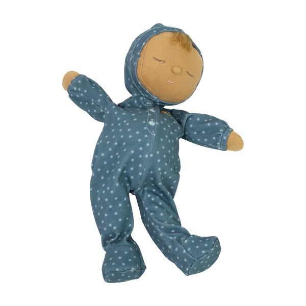 Gender-neutral posable plush doll with blue velvety onsie outfit. Perfectly weighted for cuddles and bedtime. Suitable toy from birth.