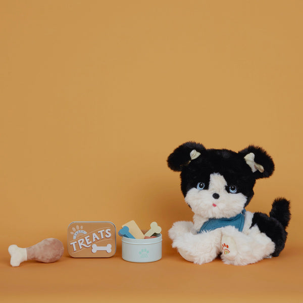 Dinkum Dog Sets - Goodie Set by Dinkum Dogs with a plush black and white dog toy beside a treats tin food bowl and magnetic wooden bone treats