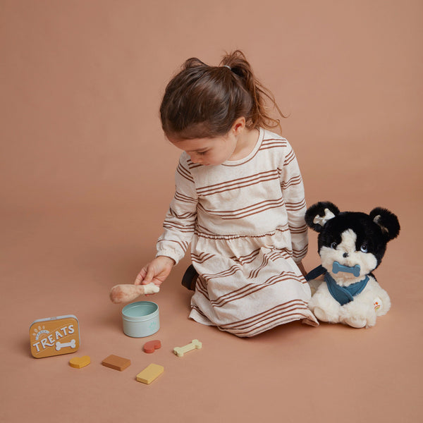 Dinkum Dog Sets - Goodie Set by Dinkum Dogs with magnetic wooden treats and food tin as a child feeds a plush dog toy during imaginative play