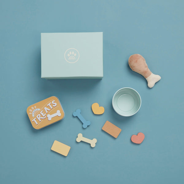 Dinkum Dog Sets - Goodie Set by Dinkum Dogs with a retro treats tin magnetic wooden treats food bowl and plush drumstick toy for imaginative play