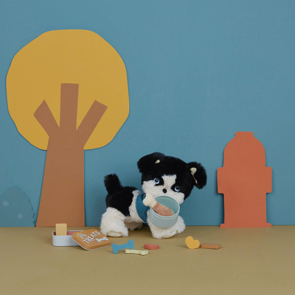 Dinkum Dog Sets - Goodie Set by Dinkum Dogs with a soft black and white dog enjoying magnetic wooden treats and a food bowl during imaginative play