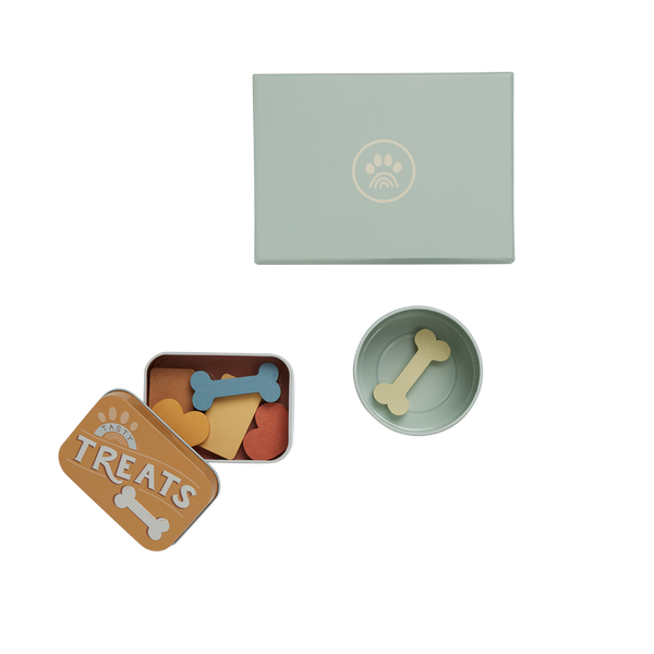 Dinkum Dog Sets - Goodie Set by Dinkum Dogs with magnetic wooden dog treats in a retro tin and matching food bowl for imaginative pet play