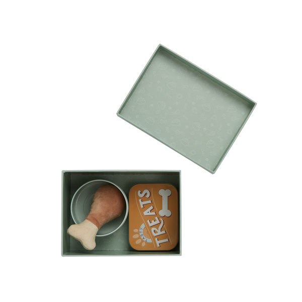 Dinkum Dog Sets - Goodie Set by Dinkum Dogs with an open gift box containing a bowl and magnetic wooden dog treat for imaginative pet play