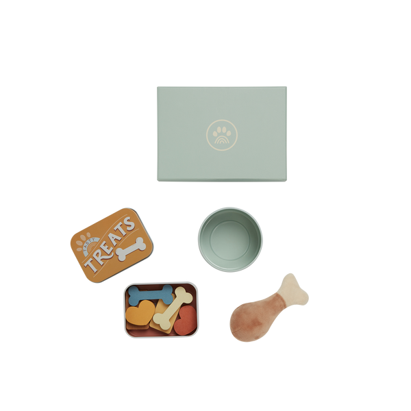Dinkum Dog Sets - Goodie Set by Dinkum Dogs with magnetic wooden treats tin bowl gift box and plush toy bone for imaginative pet play