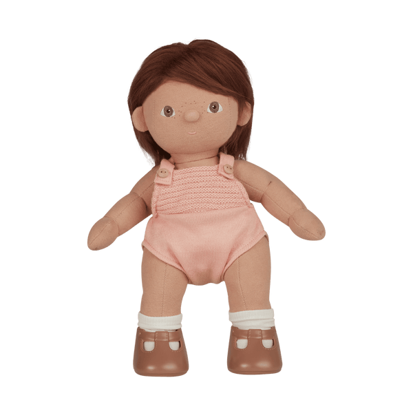 Dinkum Dolls - Dottie soft doll with brown hair wearing a pink romper white socks and brown shoes for imaginative play