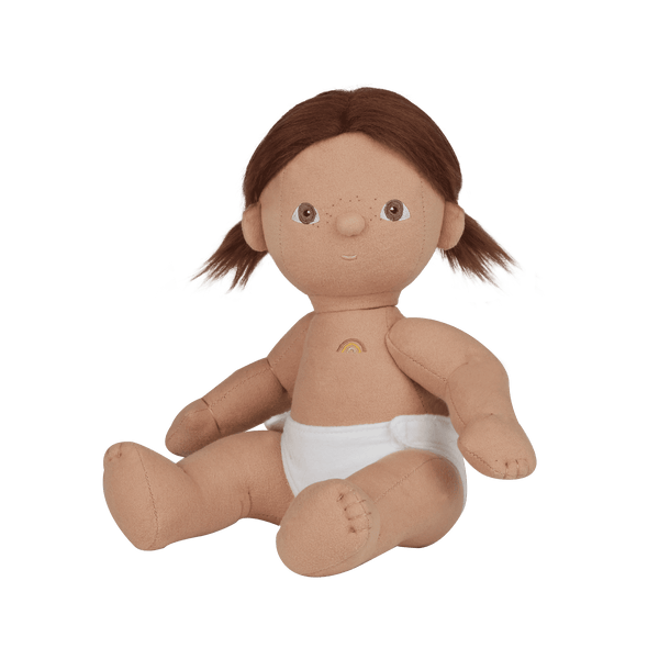 Dinkum Dolls - Dottie soft doll seated in a white nappy with brown pigtails and embroidered features for cuddly imaginative play