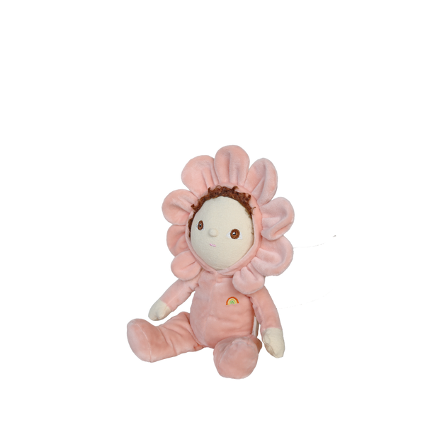 Plush toy in a pink flower costume on a white background