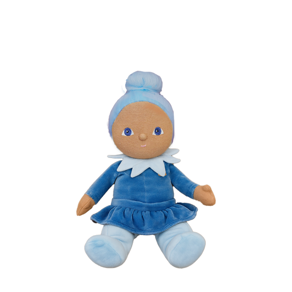 Blue doll with a white collar on a white background
