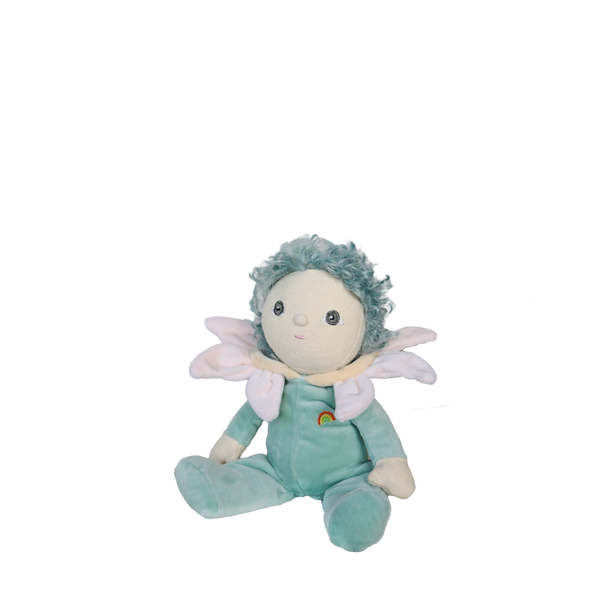 Plush toy fairy with green hair and outfit on a white background