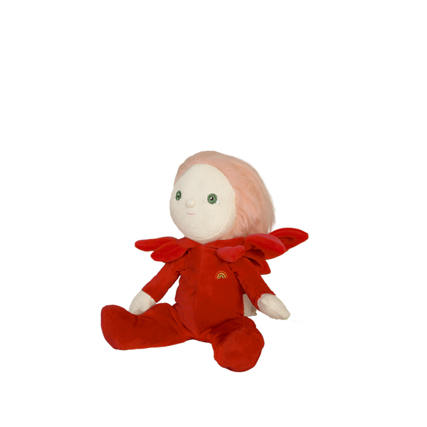Plush toy with red outfit and pink hair on a white background