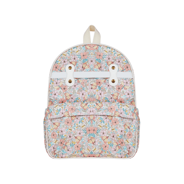 See-ya Backpack - Butterfly by Olli Ella Kids with a pastel floral and butterfly print front pocket and adjustable shoulder straps