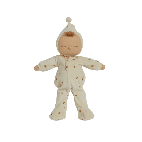 Lullaby Dozy Dinkum - Lyra soft doll in a cream star printed sleepsuit and pompom bonnet with closed eyes by Dozy Dinkums