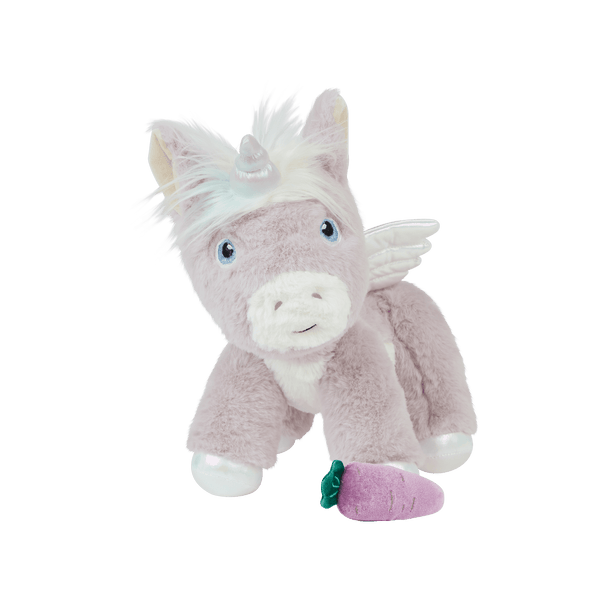 Dinkum Unicorn - Glimmer by Dinkum Unicorns is a lilac plush unicorn with wings and a white mane beside a purple carrot toy