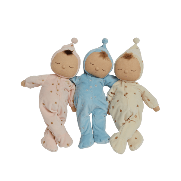 Lullaby Dozy Dinkum - Lyra soft baby doll in a star-print bonnet and sleepsuit alongside two coordinating Dozy Dinkums dolls