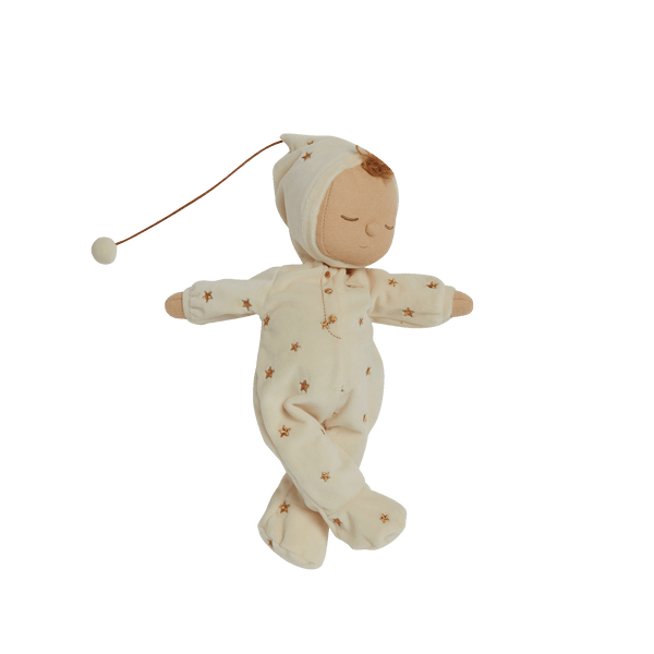 Lullaby Dozy Dinkum - Lyra soft doll in a star print sleepsuit and bonnet with pompom by Dozy Dinkums